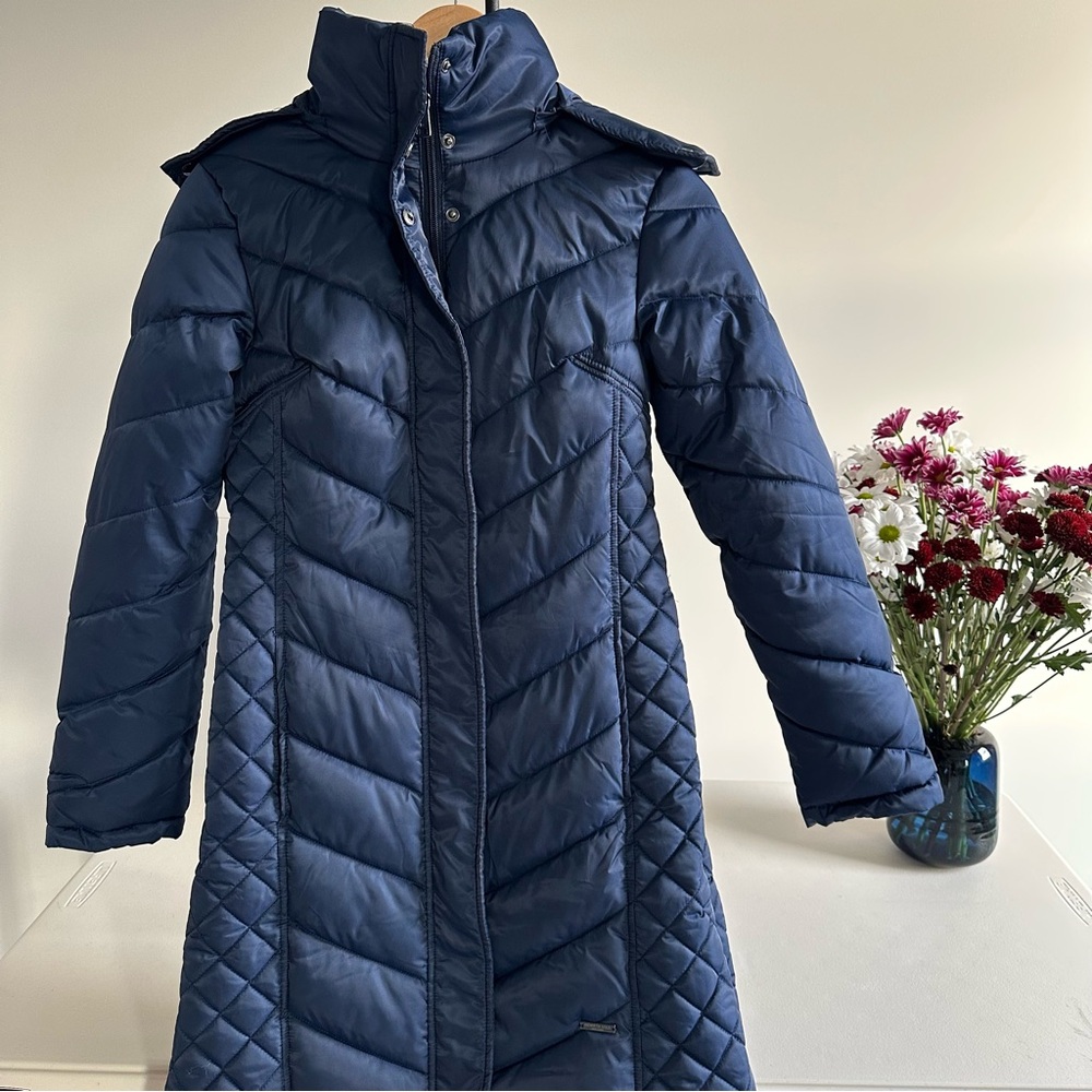 KENNETH COLE• Quilted Faux Fur Hood Heavyweight Puffer Coat • xs • navy blue